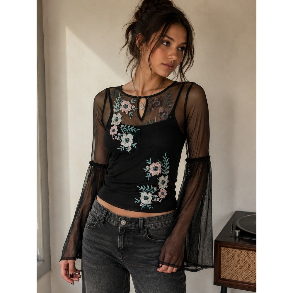 Hollister‎ Black Mesh Embroidered Floral Bell Sleeve Top XS